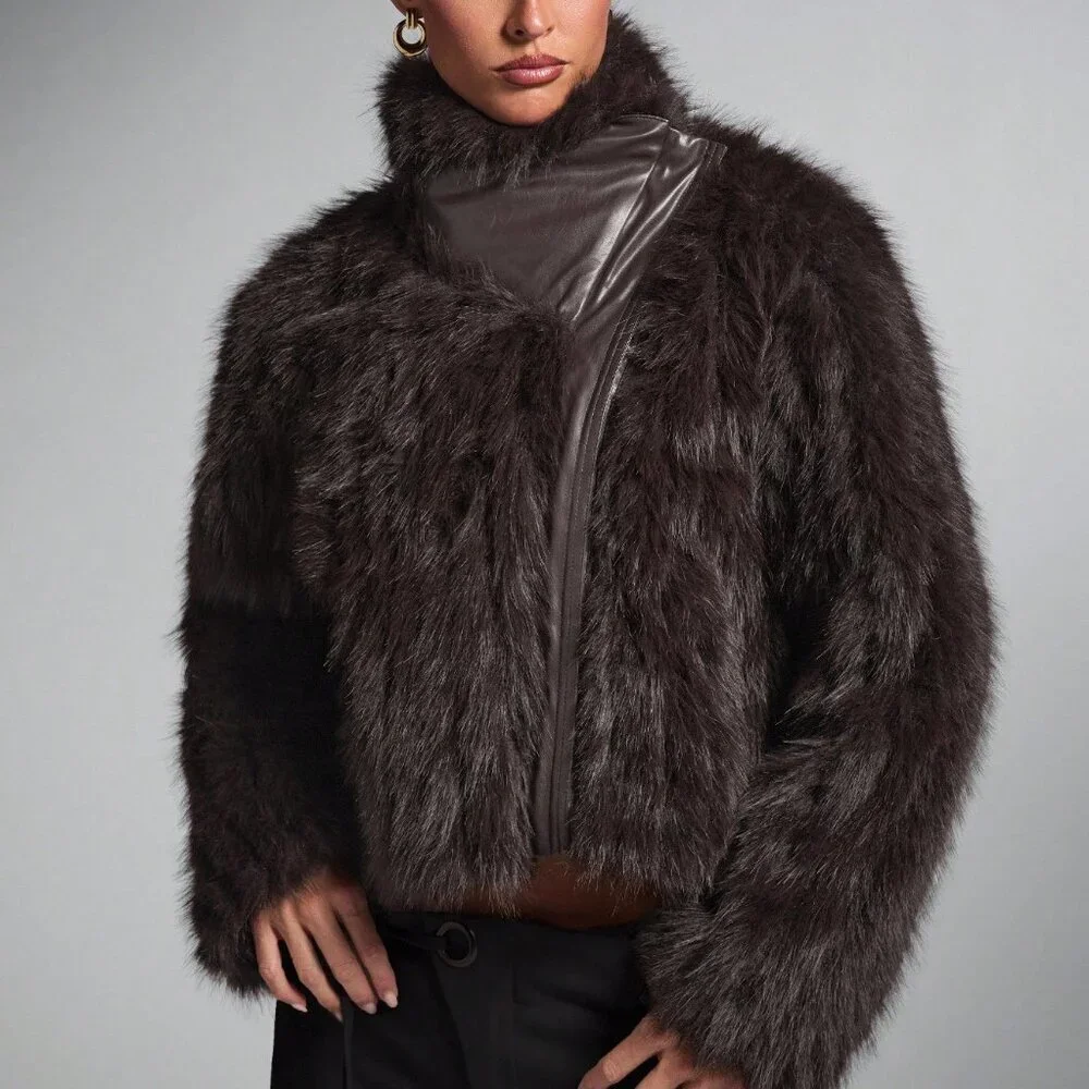 Brown Elegant Women's Oversized Patchwork Faux Fur Coat jacket - Picture 4 of 9